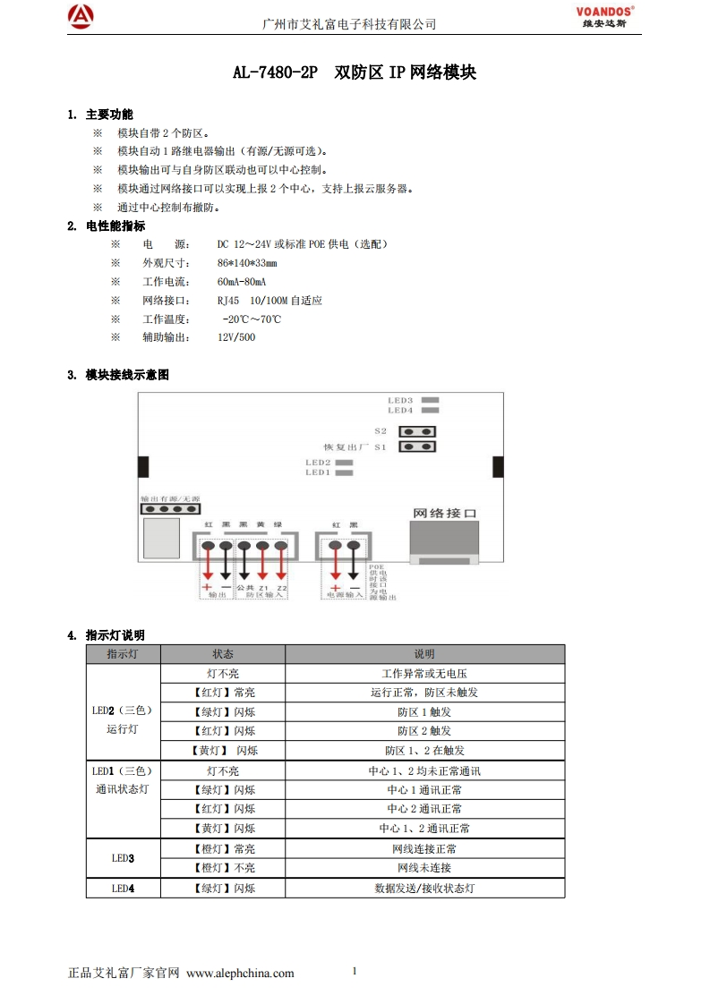 维安达斯-AL-7480-2P双防区网络模块说明书
