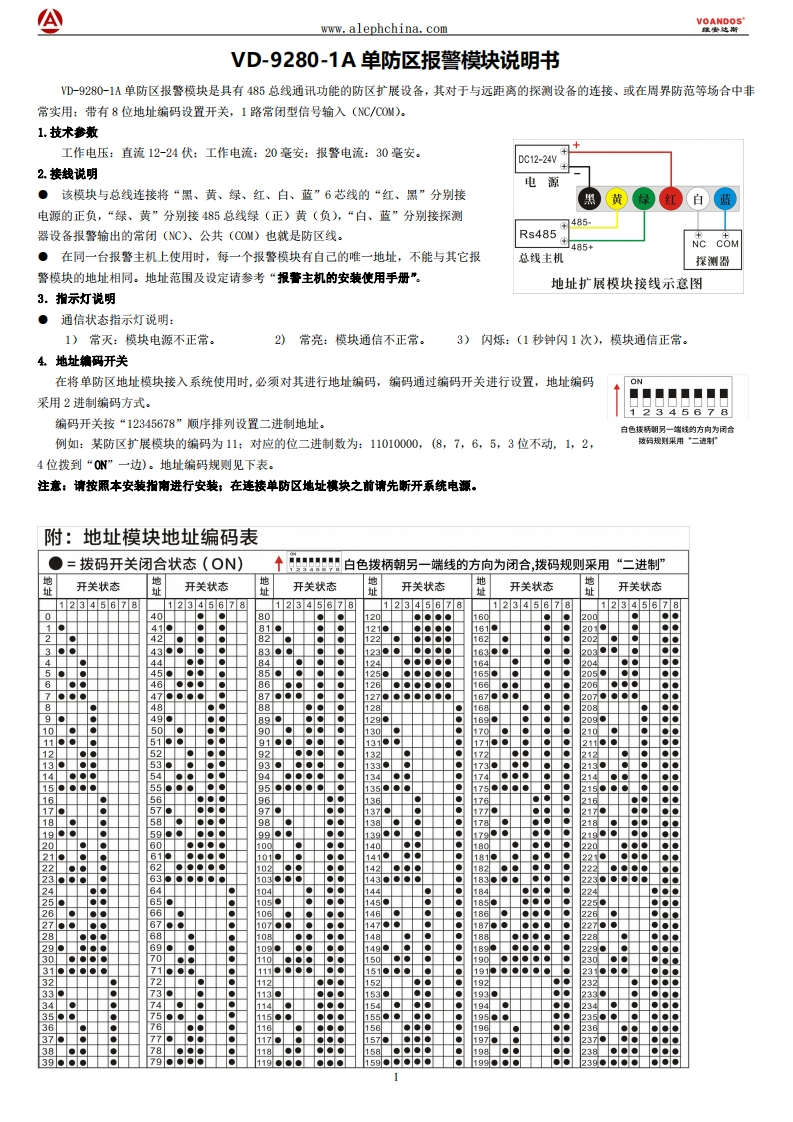 维安达斯-VD-9280-1A单防区模块说明书