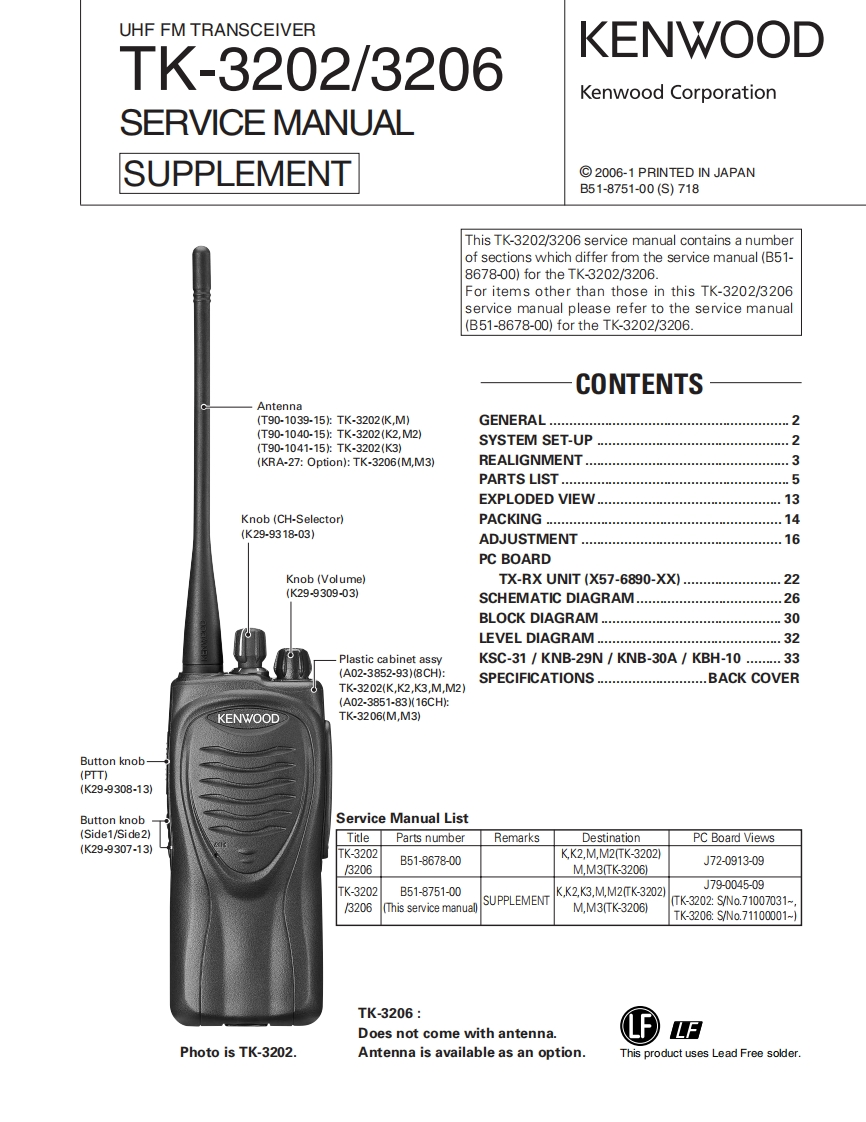 编号30：建伍KENWOOD-TK-3202-3206Supplement_B51-8751-00维修图纸手册
