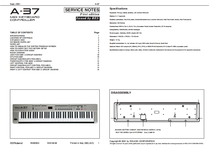 罗兰Roland-A-37-Service-Manual维修服务手册说明书含电器原理图