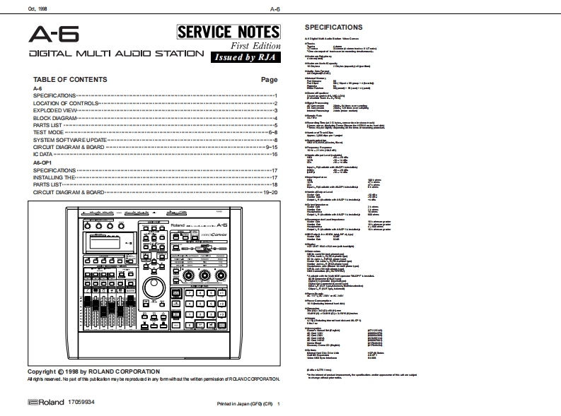 罗兰Roland-A-6-Digital-Audio-Station-Service-Manual维修服务手册说明书含电器原理图