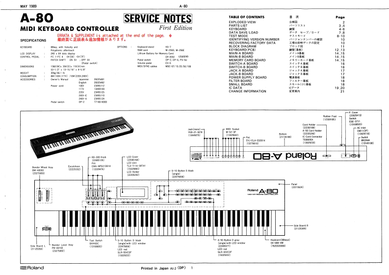罗兰Roland-A-80-Service-Manual维修服务手册说明书含电器原理图