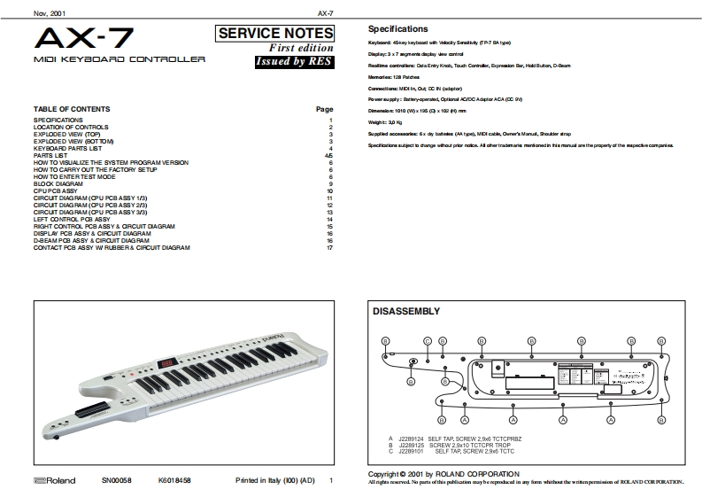 罗兰Roland-AX-7-Service-Manual维修服务手册说明书含电器原理图