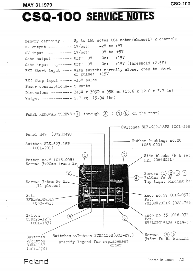 罗兰Roland-CSQ-100-Rhythm-Machine-Service-Manual维修服务手册说明书含电器原理图