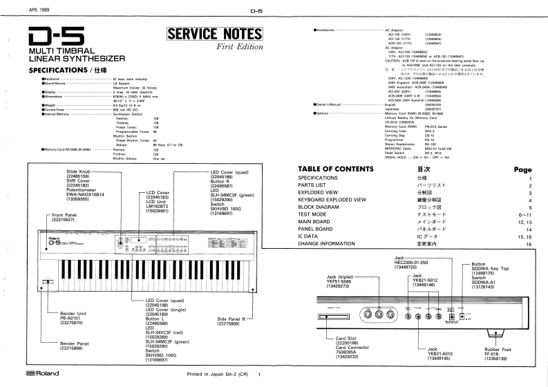 罗兰Roland-D-5-Service-Manual维修服务手册说明书含电器原理图