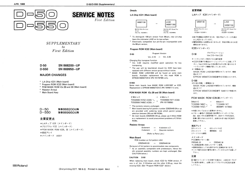罗兰Roland-D-50--D-550-Supplementary-Service-Manual维修服务手册说明书含电器原理图-找手册网