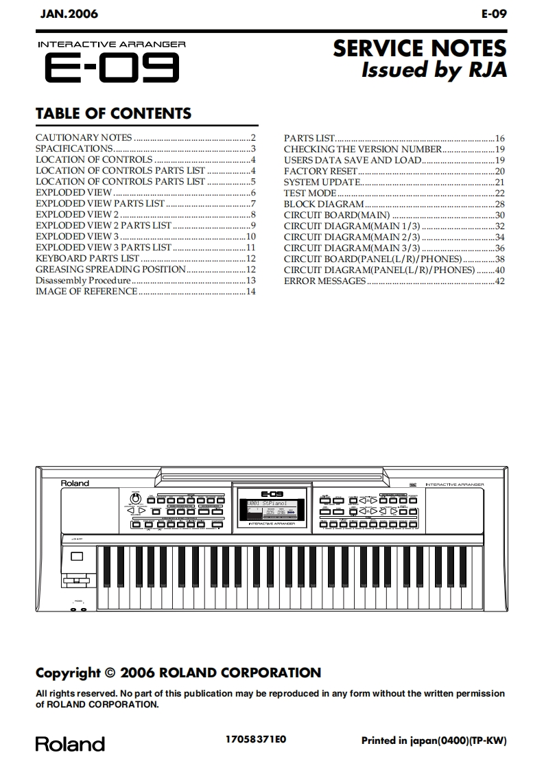 罗兰Roland-E-09-Service-Manual维修服务手册说明书含电器原理图