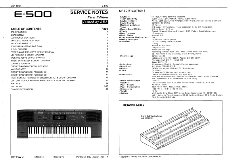 罗兰Roland-E-500-Service-Manual维修服务手册说明书含电器原理图
