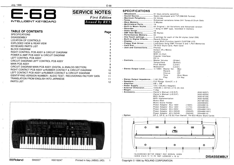 罗兰Roland-E-68-Service-Manual维修服务手册说明书含电器原理图