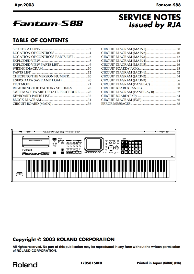 罗兰Roland-Fantom-S88-Service-Manual维修服务手册说明书含电器原理图