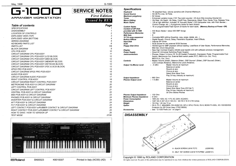 罗兰Roland-G-1000-Service-Manual维修服务手册说明书含电器原理图