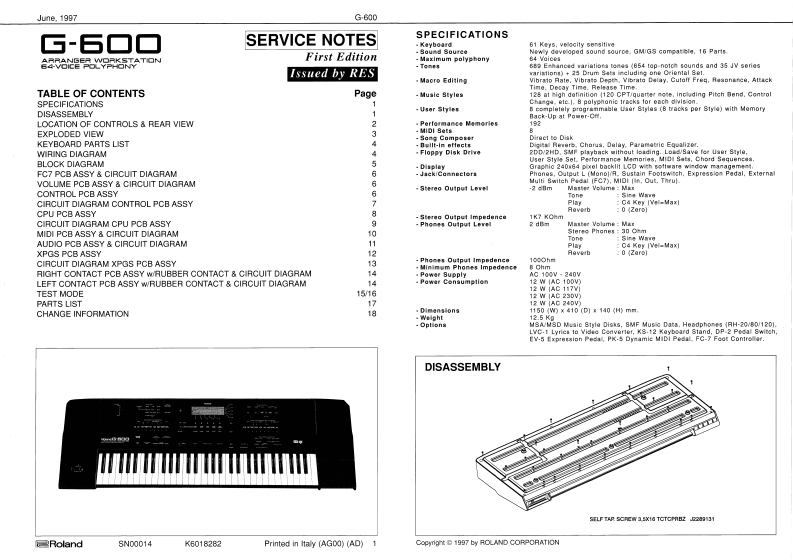罗兰Roland-G-600-Service-Manual维修服务手册说明书含电器原理图