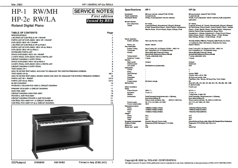 罗兰Roland-HP-1--HP2e-Service-Manual维修服务手册说明书含电器原理图-找手册网