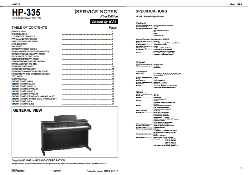 罗兰Roland-HP-335-Service-Manual维修服务手册说明书含电器原理图
