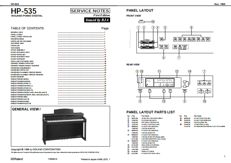 罗兰Roland-HP-535-Service-Manual维修服务手册说明书含电器原理图