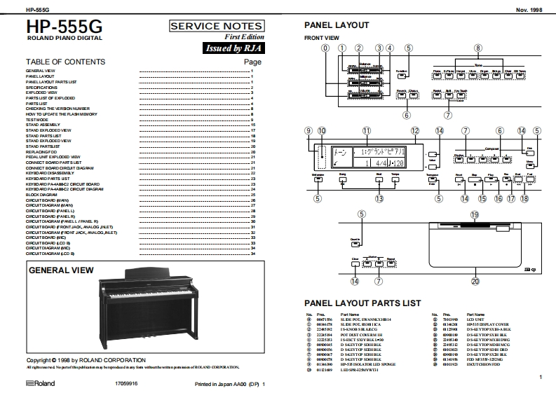罗兰Roland-HP-555G-Service-Manual维修服务手册说明书含电器原理图