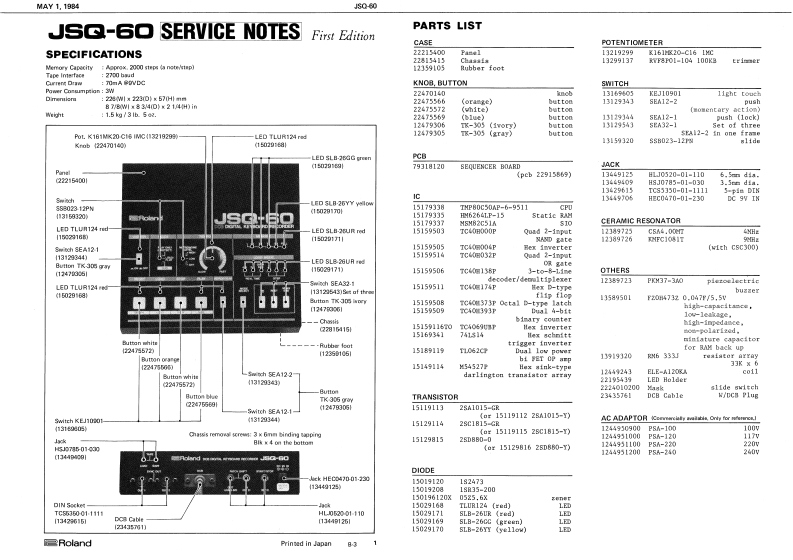 罗兰Roland-JSQ-60-Service-Manual维修服务手册说明书含电器原理图