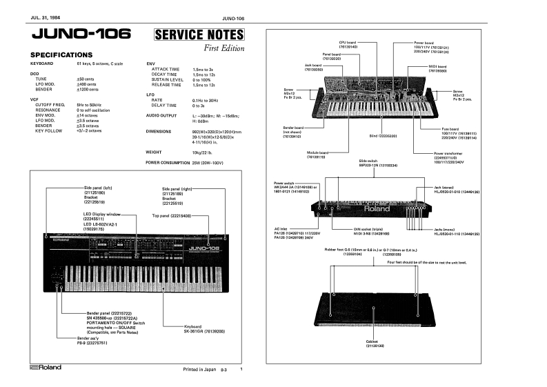 罗兰Roland-Juno-106-Service-Manual维修服务手册说明书含电器原理图
