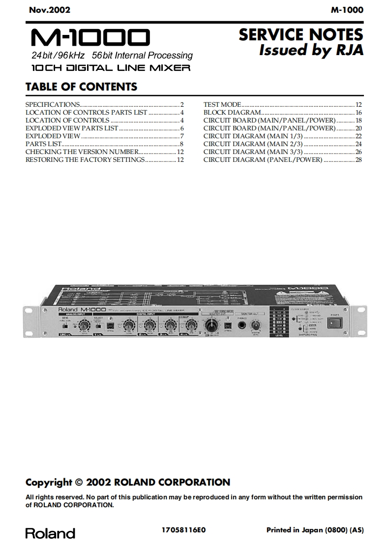 罗兰Roland-M-1000-Digital-Mixer-Service-Manual维修服务手册说明书含电器原理图