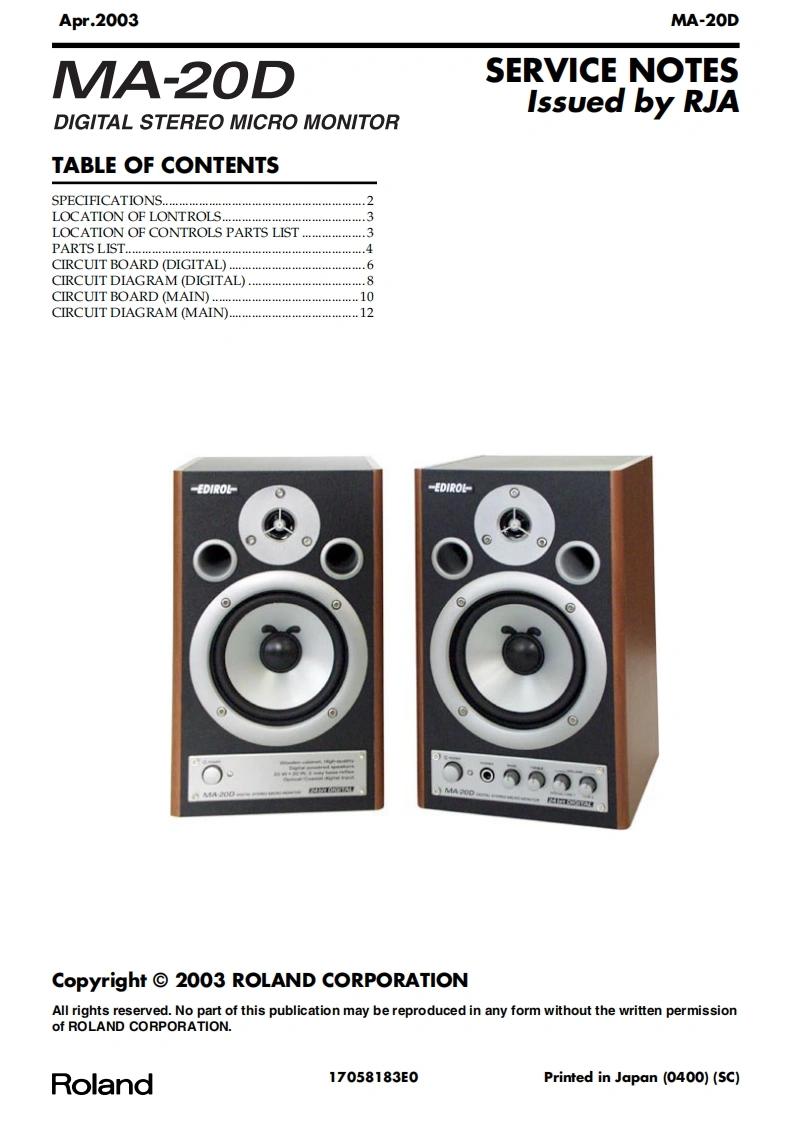 罗兰Roland-MA-20D-Powered-Studio-Monitors-Service-Manual维修服务手册说明书含电器原理图-找手册网
