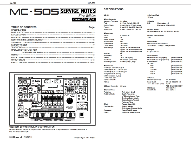罗兰Roland-MC-505-Micro-Composer-Service-Manual维修服务手册说明书含电器原理图
