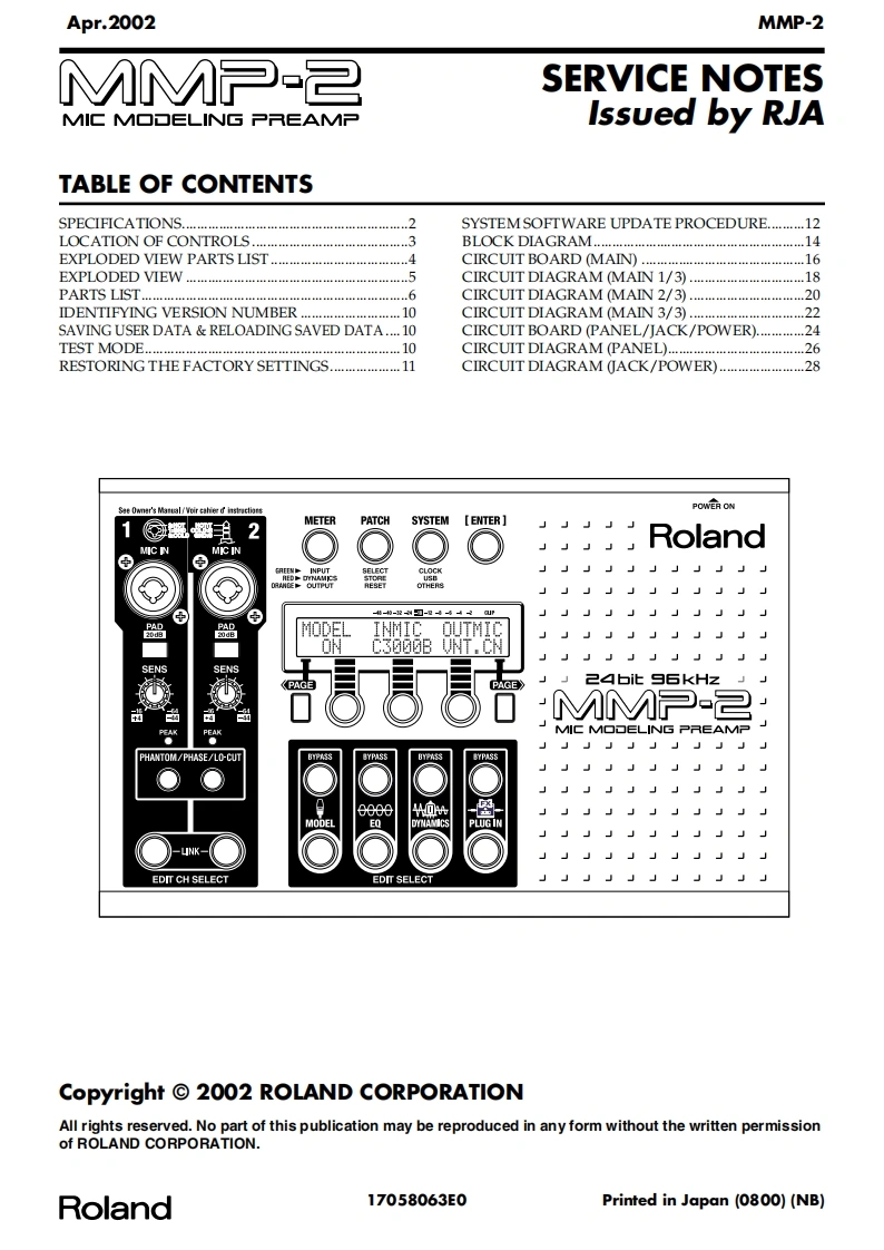 罗兰Roland-MMP-2-Mic-Modeling-Preamp-Service-Manual维修服务手册说明书含电器原理图-找手册网