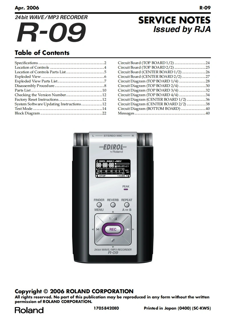 罗兰Roland-R-09-MP3-Recorder-Service-Manual维修服务手册说明书含电器原理图-找手册网