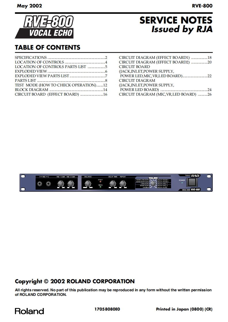 罗兰Roland-RVE-800-Vocal-Echo-Service-Manual维修服务手册说明书含电器原理图
