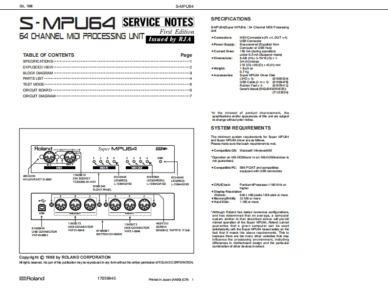 罗兰Roland-S-MPU64-Midi-Processing-Unit-Service-Manual维修服务手册说明书含电器原理图