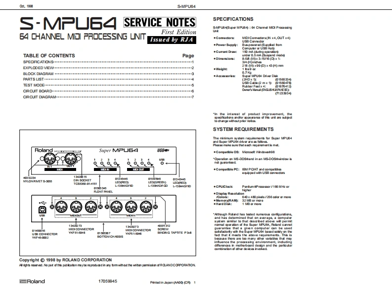 罗兰Roland-S-MPU64-Midi-Processing-Unit-Service-Manual维修服务手册说明书含电器原理图-找手册网