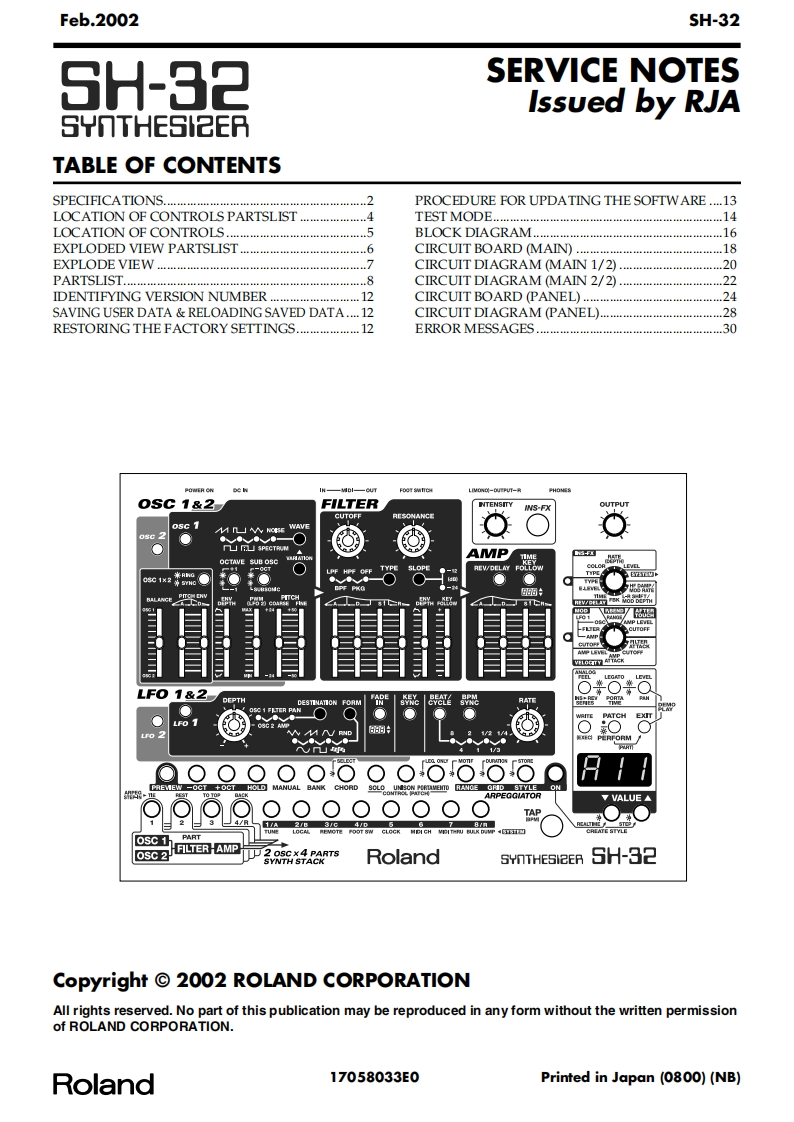 罗兰Roland-SH-32-Service-Manual维修服务手册说明书含电器原理图