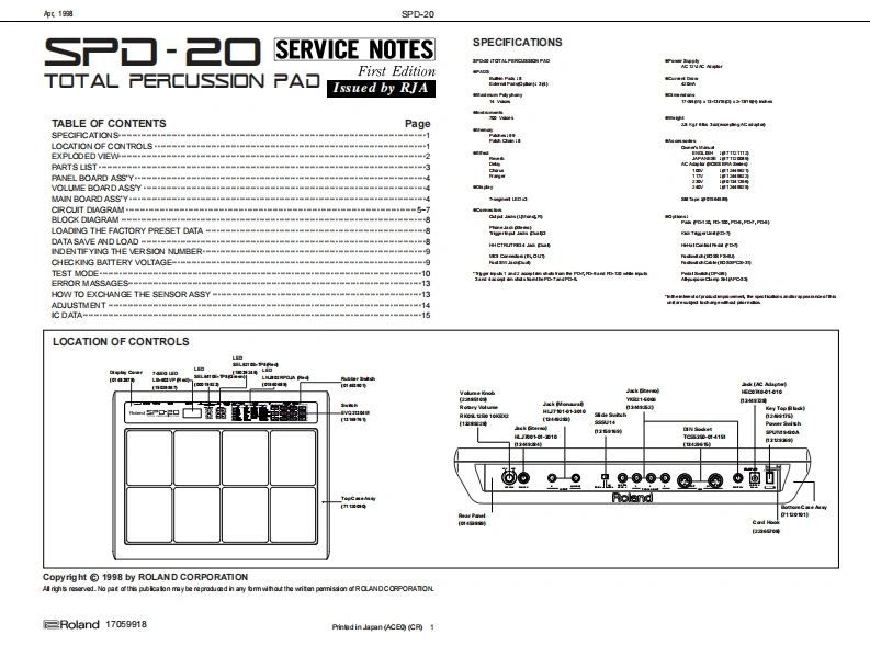 罗兰Roland-SPD-20-Percussion-Pad-Service-Manual维修服务手册说明书含电器原理图-找手册网