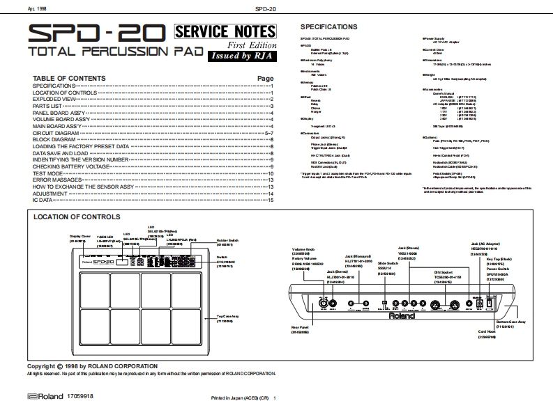 罗兰Roland-SPD-20-Percussion-Pad-Service-Manual维修服务手册说明书含电器原理图