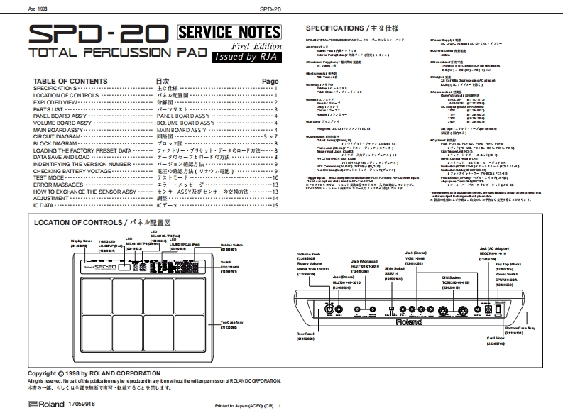 罗兰Roland-SPD-20-Total-Percussion-Pad-Service-Manual维修服务手册说明书含电器原理图