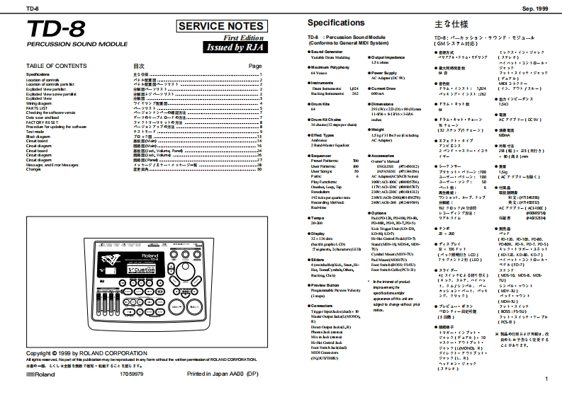 罗兰Roland-TD-8-Percussion-Sound-Module-Service-Manual维修服务手册说明书含电器原理图
