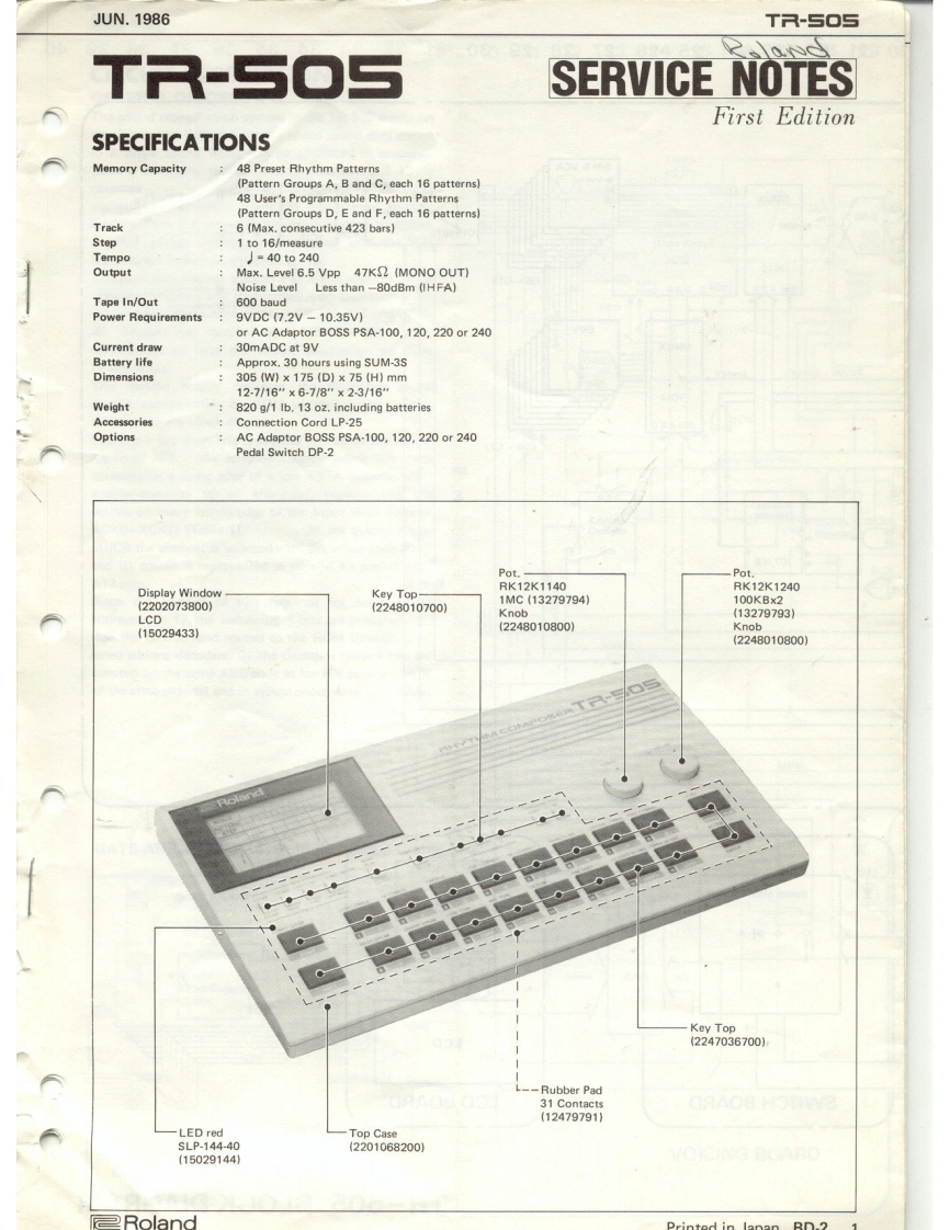罗兰Roland-TR-505-Rhythm-Composer-Service-Manual维修服务手册说明书含电器原理图-找手册网