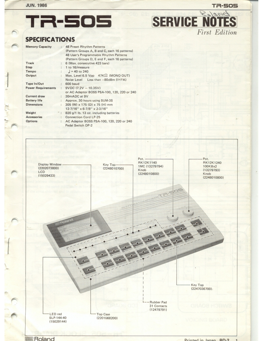 罗兰Roland-TR-505-Rhythm-Composer-Service-Manual维修服务手册说明书含电器原理图