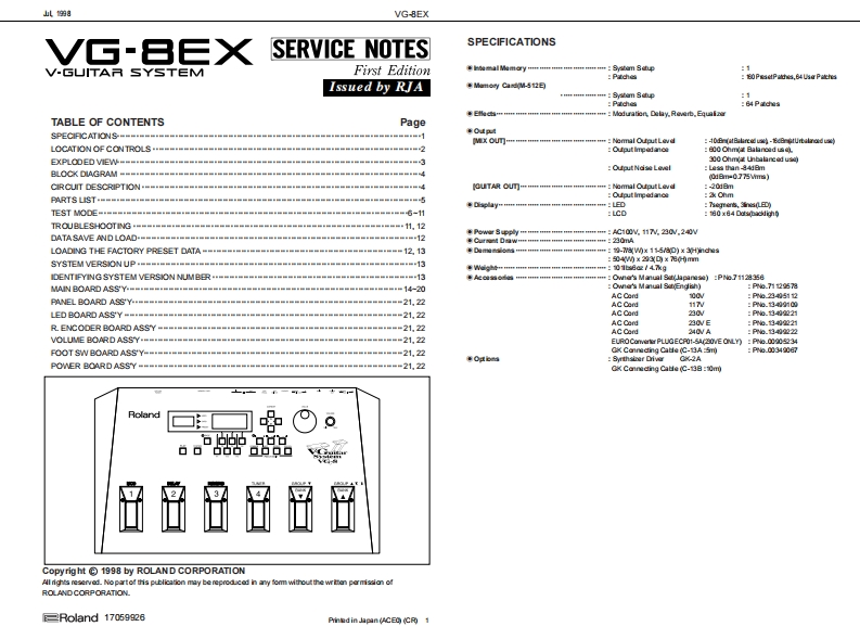 罗兰Roland-VG-8EX-V-Guitar-System-Service-Manual维修服务手册说明书含电器原理图