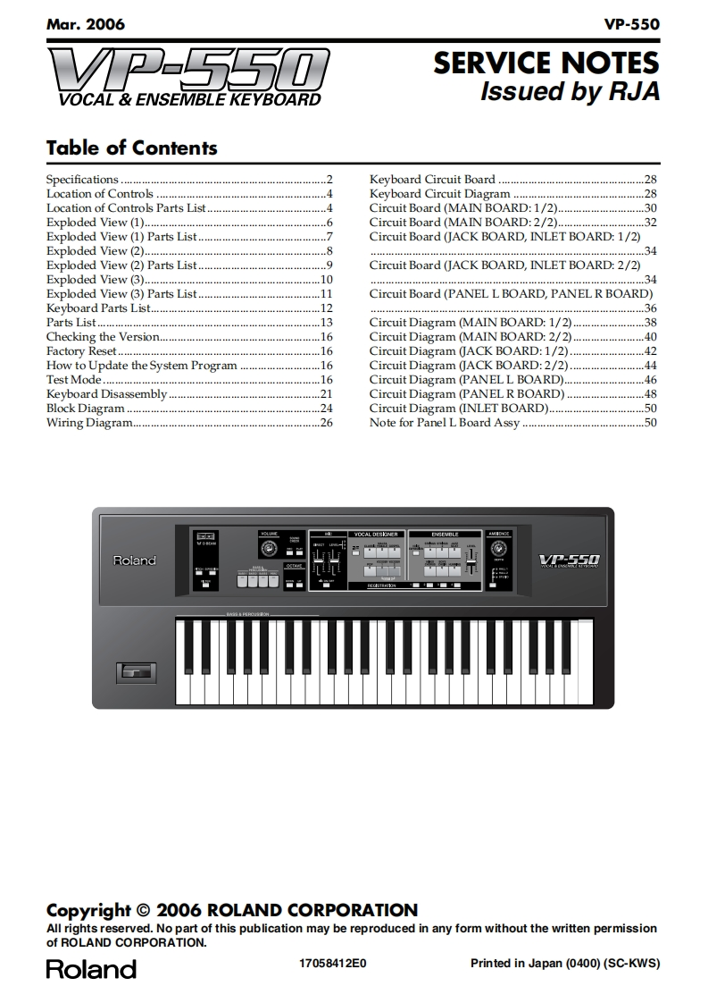 罗兰Roland-VP-550-Service-Manual维修服务手册说明书含电器原理图