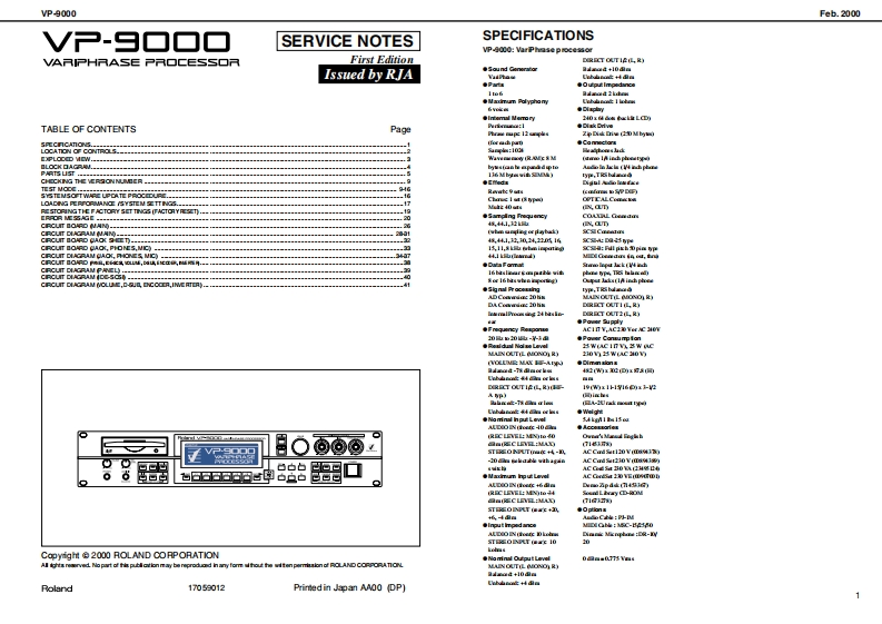 罗兰Roland-VP-9000-VariPhrase-Processor-Service-Manual维修服务手册说明书含电器原理图