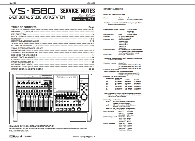 罗兰Roland-VS-1680-Digital-Studio-Service-Manual维修服务手册说明书含电器原理图