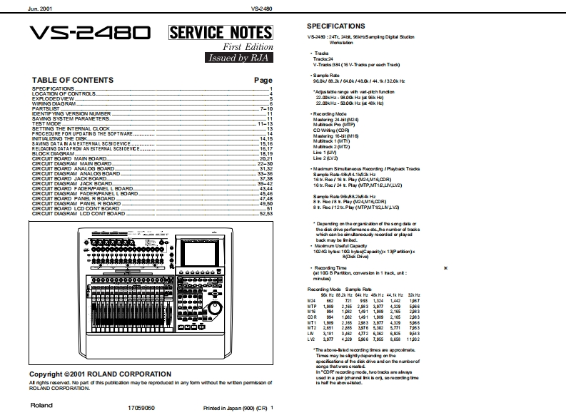 罗兰Roland-VS-2480-Digital-Studio-Service-Manual维修服务手册说明书含电器原理图