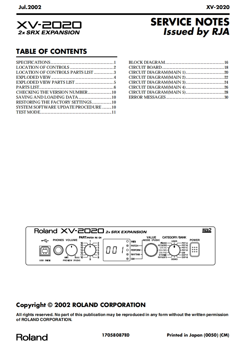 罗兰Roland-XV-2020-Expansion-Module-Service-Manual维修服务手册说明书含电器原理图