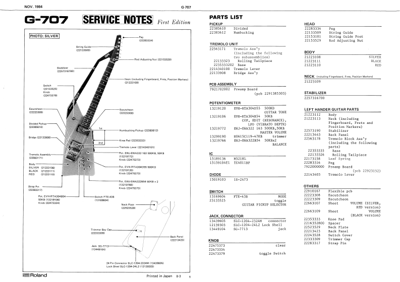 罗兰Roland_G-707_Synth_Guitar_Service_Manual维修服务手册含电器原理图-找手册网