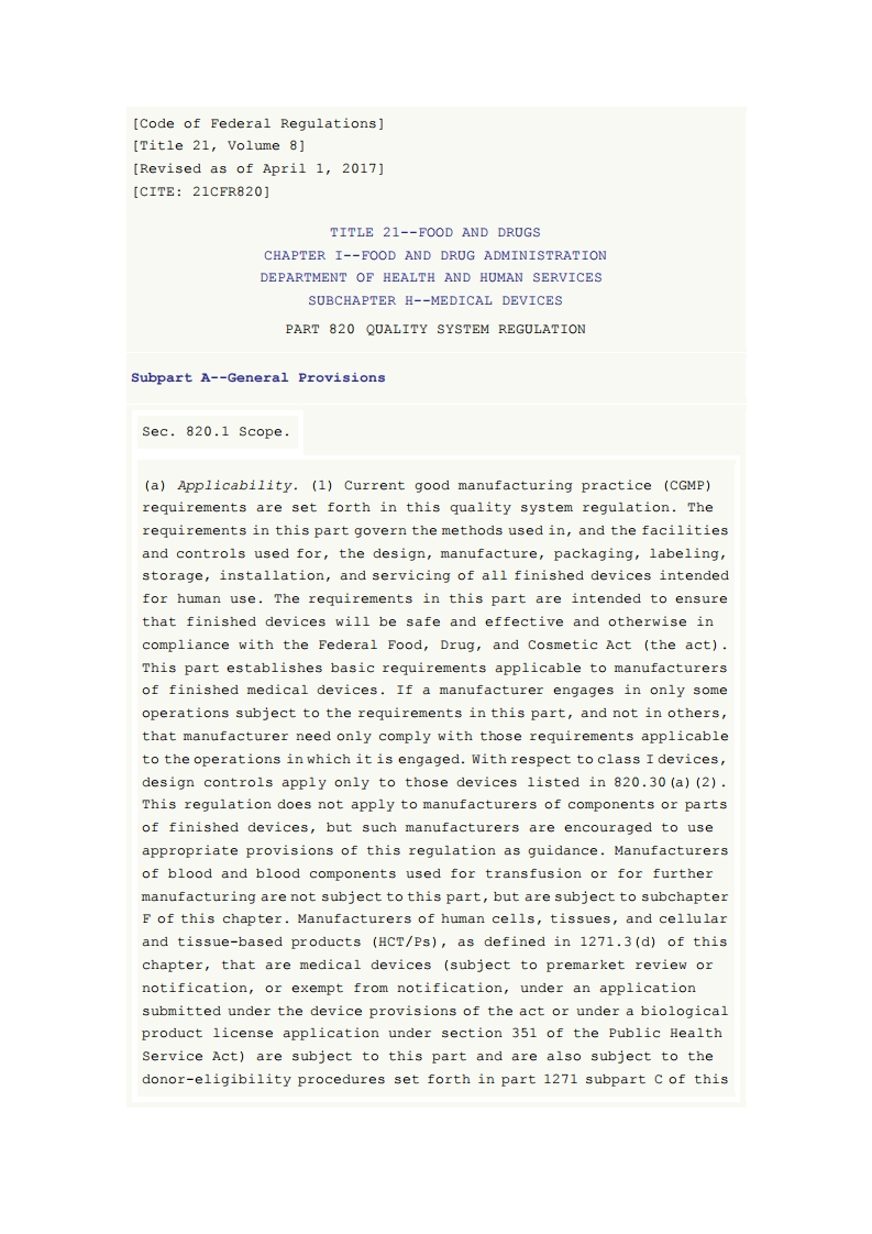 美国FDA-21-CFR-Part-820-QUALITY-SYSTEM-REGULATION