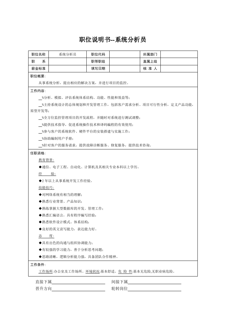 职位说明书：系统分析员