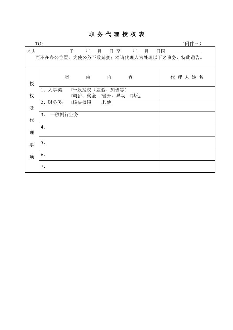 职务代理授权表