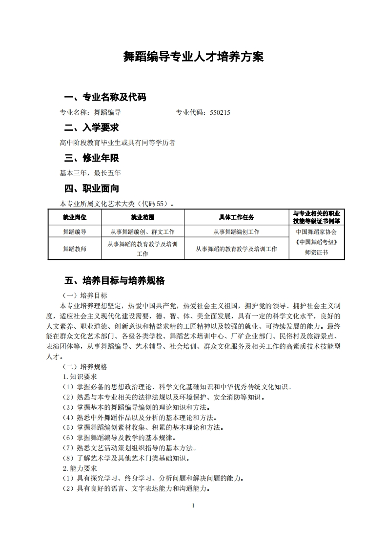 舞蹈编导人才培养方案
