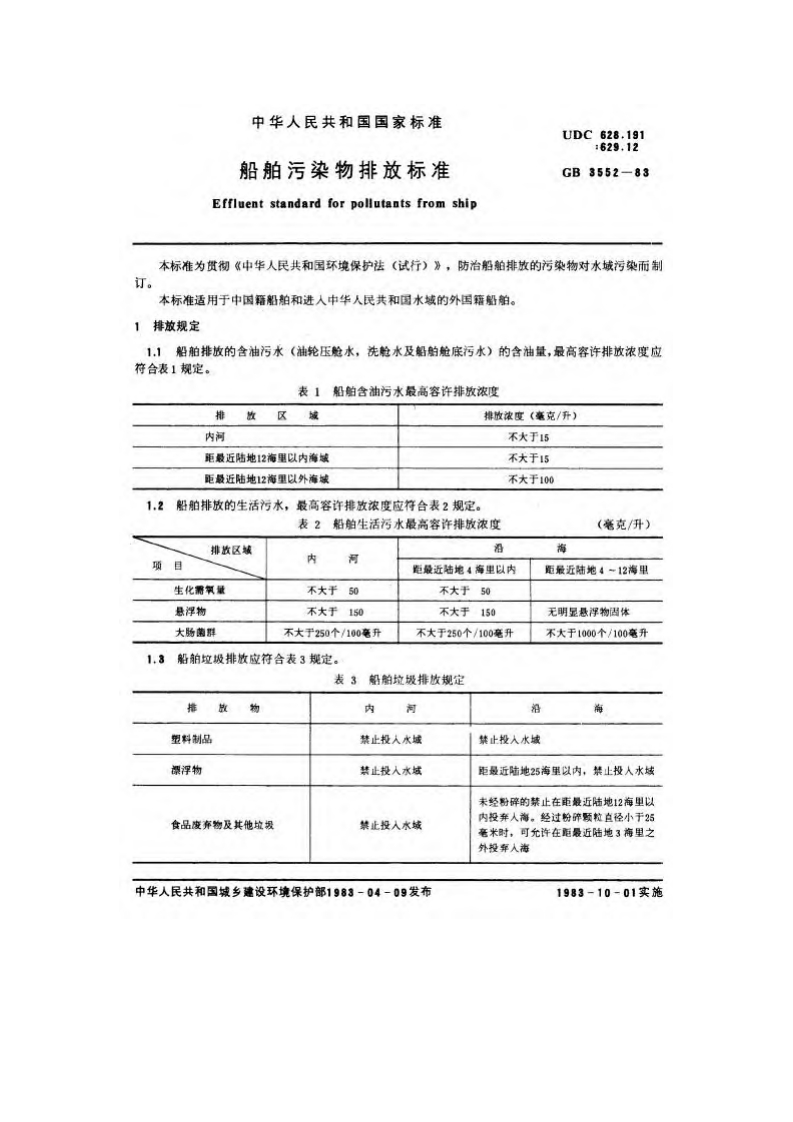船舶污染物排放限值（GB3552-83）现行国家强制性标准规范