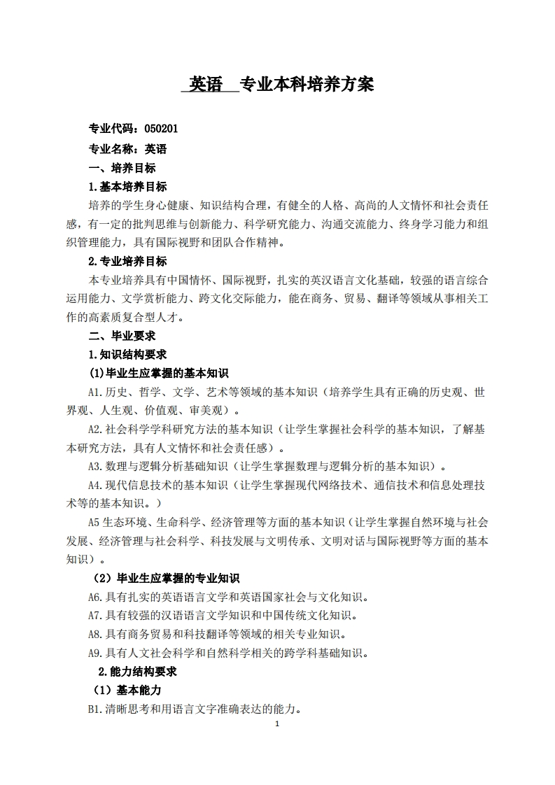 英文专业本科培育方案其一